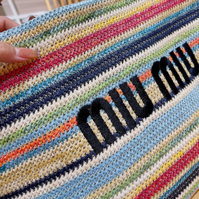 MiuiMiui Letters Printed Color Stripe Straw Bag-4