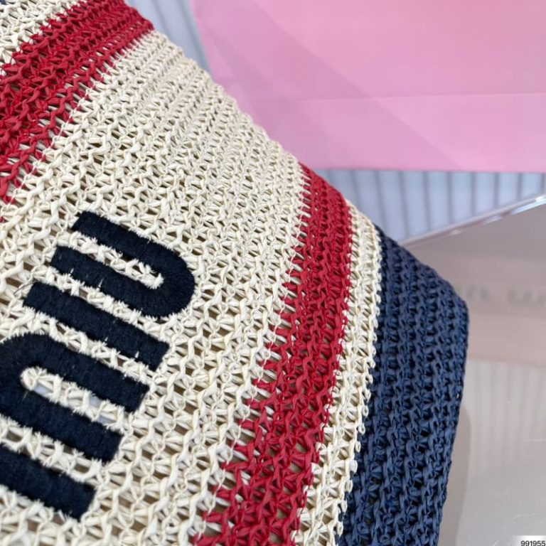 MiuiMiui Letters Printed Color Stripe Straw Bag-5