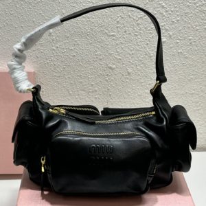 MiuiMiui Locomotive Handle Shoulder Satchel Retro Multi-Pocket Crossbody Black White Brown 21*6*12CM LB231