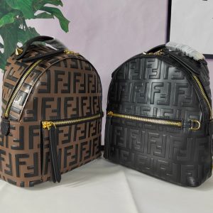 Fendi Best Quality Men Leather Backpack Embossed Double Pull Zip Front zip pocket Gold-tone Hardware Large Capacity 25x21x10cm LB080