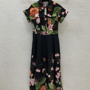 ZIMMERMANN Butterfly Red Flowers Green Leaves Print Button-Down Lapel Short Sleeve Dress Cotton Blend Fabric High Quality FZ011