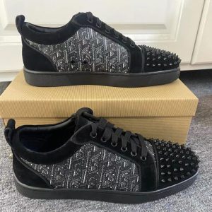 Christian Louboutin Black Rivet Casual Shoes Leather Men Women SH116