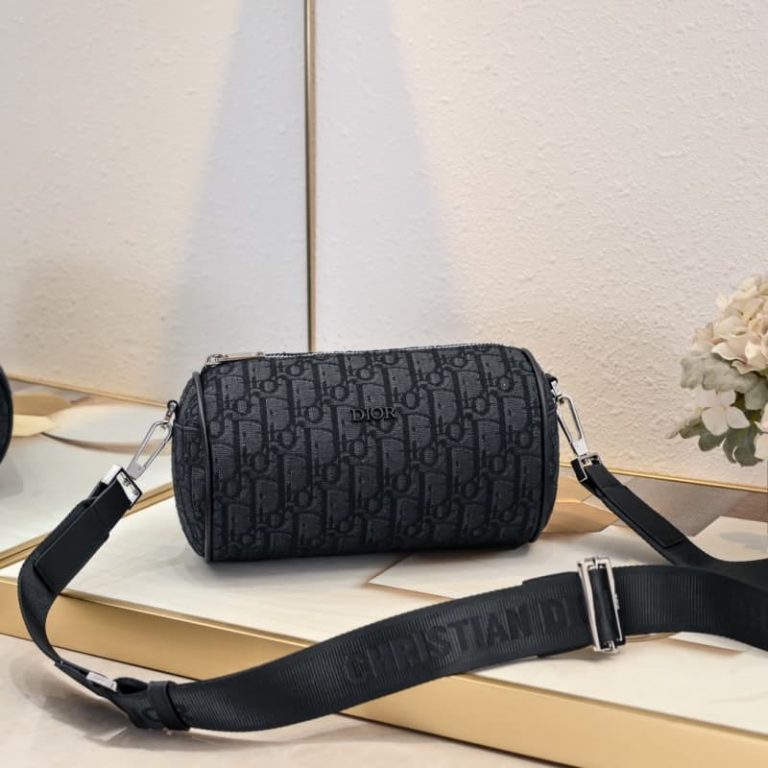 Dior high quality men fine printing canvas cylinder bag adjustable removable shoulder strap full logo logo embroidery-2