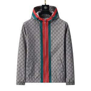 Gucci High Quality Men's Brown Letter Print Green Red Stripes Stitching Zipper Hooded Jacket FZ278