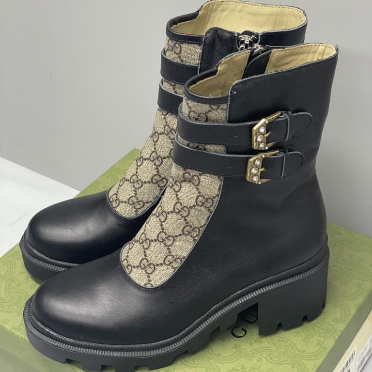 Gucci Monogram Black brown Ankle Combat Heeled Boots-1