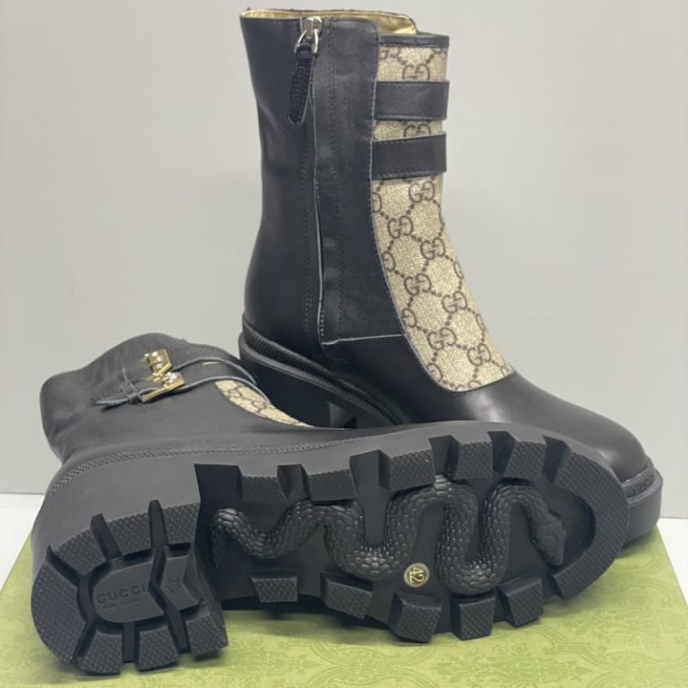 Gucci Monogram Black brown Ankle Combat Heeled Boots-2