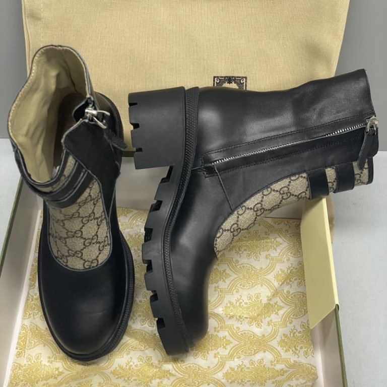 Gucci Monogram Black brown Ankle Combat Heeled Boots-3