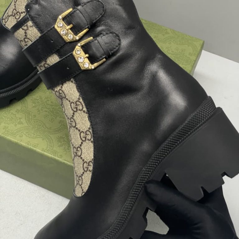 Gucci Monogram Black brown Ankle Combat Heeled Boots-4