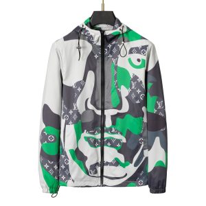 Louis Vuitton LV Best Quality Men Green grey printed hood zipper Jacket FZ273