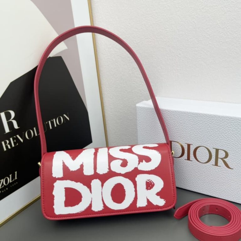 Miss Dior High quality metal plaque magnetic flap design shoulder bag crossbody bag black white red-2