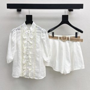 ZIMMERMANN BEST QUALITY Latest linen suit Bubble sleeve collar shirt + high waisted shorts Elegant and fresh resort style FZ014