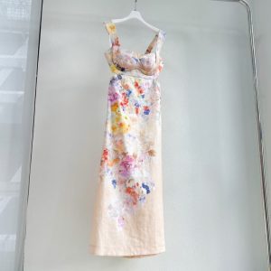 Zimmermann High Quality Elegant Printed Backless Halter Dresses Women Sense Backless Sleeveless Dress 100%LINEN FZ384