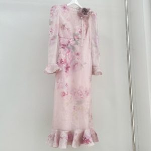 Zimmermann High Quality Floral Embellished Summer Dress Pearl Embellished Edge Women Long Sleeve Dress 55%LINEN / 45%SILK FZ365