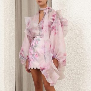 Zimmermann High Quality Pink Crush Bow Tie Ruffle Shirt Blouse:55%LINEN 45%SILK / Skirt: 100% LINEN FZ367