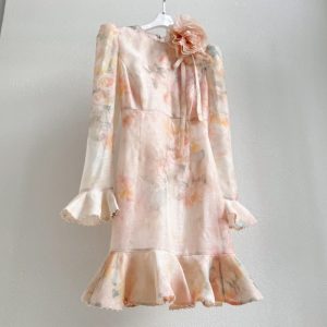 Zimmermann High Quality Summer Party Short Dress Floral Embellished Pearl Embellished Edge Women Dress 55%LINEN / 45%SILK FZ366