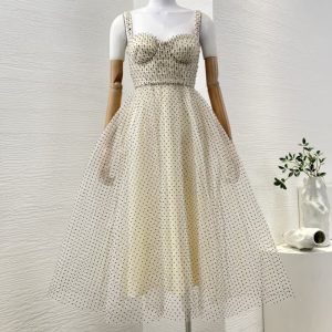 Zimmermann High Quality beige black polka dots sleeveless sling flocking lace patchwork tulle mesh midi dress 100%polyester/100%viscose lining FZ346