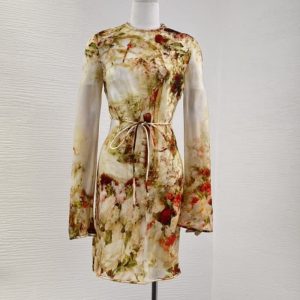 Zimmermann High Quality beige flowers print long sleeve mini dress 100%Silk FZ386