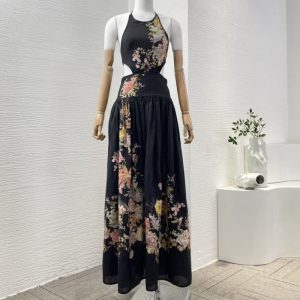 Zimmermann High Quality black floral print sleeveless cut out waist halter pleat backless maxi dress 100%Linen FZ347