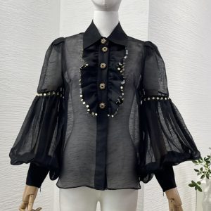 Zimmermann High Quality black long sleeve ruffles sequined see through blouse tops 53%Linen 47%Silk FZ371