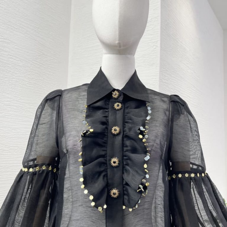 Zimmermann High Quality black long sleeve ruffles sequined see through blouse tops 53%Linen 47%Silk-3