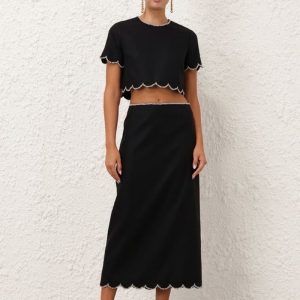 Zimmermann High Quality black shell edge diamonds blouse tops shell edge midi skirt 100%Linen FZ350