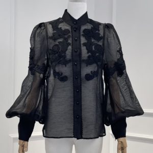 Zimmermann High Quality black white floral long sleeve blouse tops and lin chip lamination mini skirt set 48%silk/52%linen FZ348