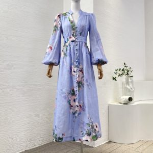 Zimmermann High Quality blue floral print long sleeve deep v neck midi dress 100%Linen FZ343