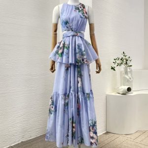Zimmermann High Quality blue floral print sleeveless cut out back waist pleat midi dress 100%Cotton FZ342