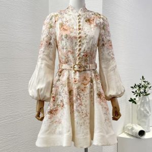 Zimmermann High Quality cream pink rococo flowers print long sleeve mini dress 100%Linen FZ093