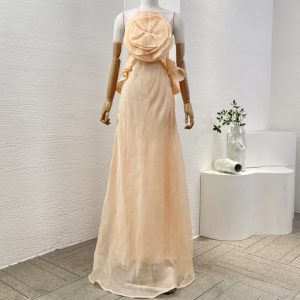 Zimmermann High Quality orange flowers appliqued ruffles backless maxi dress 55%Linen 45%Silk FZ345