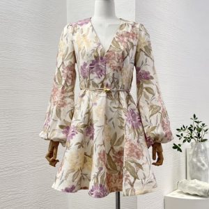 Zimmermann High Quality  pink flowers print long sleeve mini dress Self tie belt at waist 100%Linen FZ095