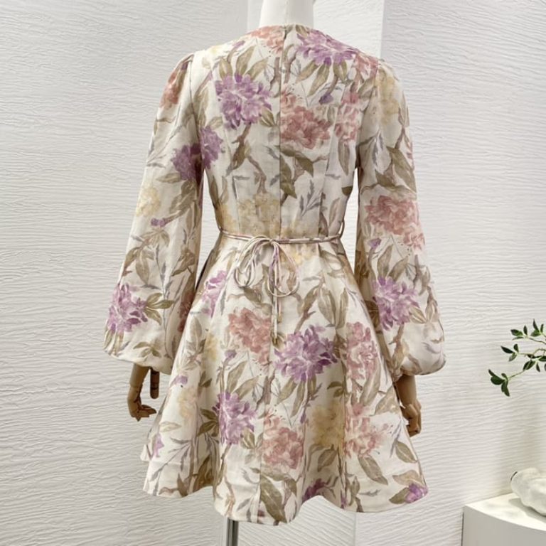 Zimmermann High Quality pink flowers print long sleeve mini dress Self tie belt at waist 100%Linen-2