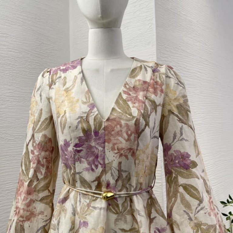 Zimmermann High Quality pink flowers print long sleeve mini dress Self tie belt at waist 100%Linen-3