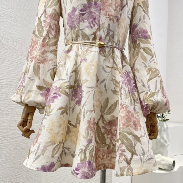 Zimmermann High Quality pink flowers print long sleeve mini dress Self tie belt at waist 100%Linen-4