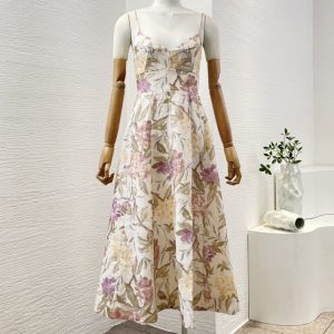 Zimmermann High Quality pink flowers print sleeveless midi dress 100%Linen FZ092