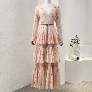 Zimmermann High Quality pink rose flowers print long sleeve v neck cascading pleat midi dress 100%Cotton FZ387