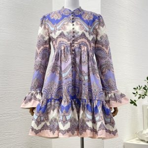 Zimmermann High Quality purple violet paisley print long sleeve pleat mini dress 100%Linen FZ341