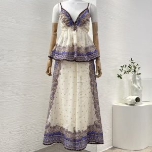 Zimmermann High Quality purple violet paisley print sleeveless backless blouse tops and pants set 100%Linen FZ344