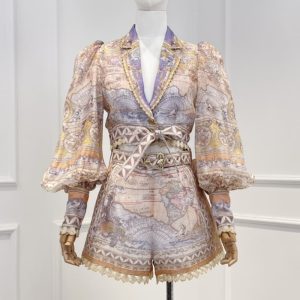 Zimmermann High Quality raffia grass tops and shorts set 49%Silk 51%Linen FZ372