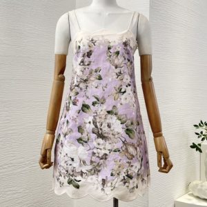 Zimmermann High Quality violet purple lilac purple flowers print sleeveless backless shell edge sling loose mini dress 100%Linen FZ349
