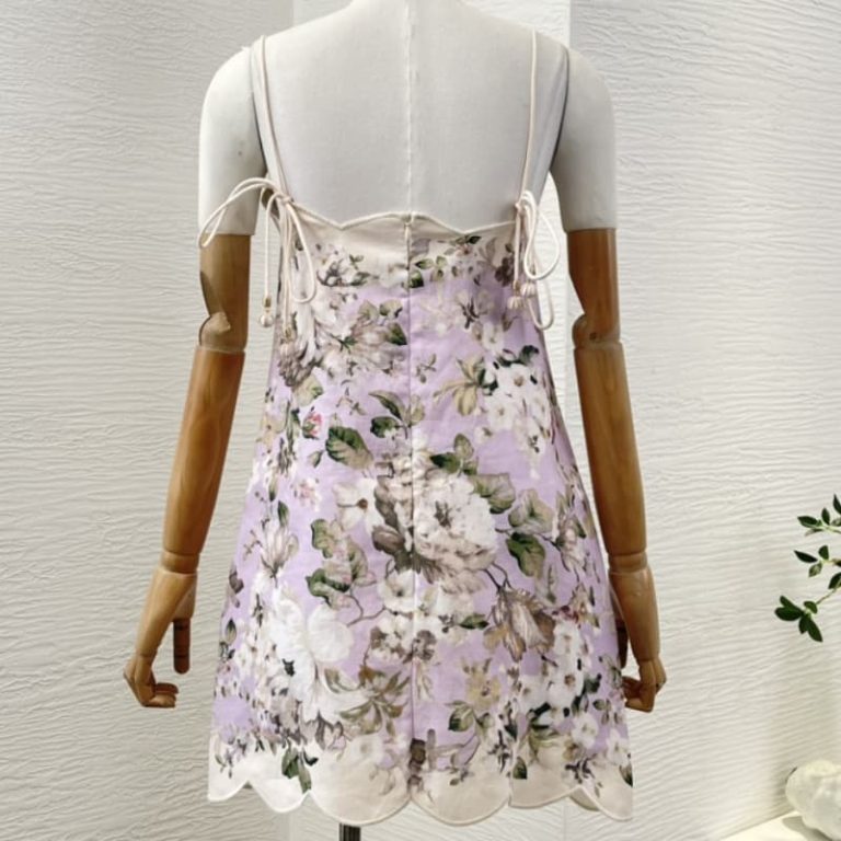 Zimmermann High Quality violet purple lilac purple flowers print sleeveless backless shell edge sling loose mini dress 100%Linen-2