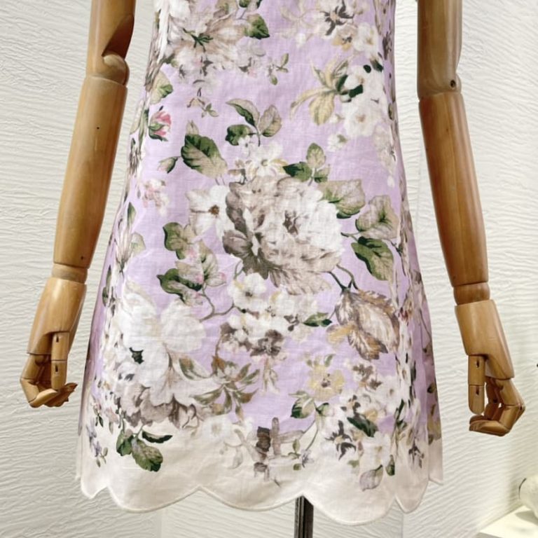 Zimmermann High Quality violet purple lilac purple flowers print sleeveless backless shell edge sling loose mini dress 100%Linen-4
