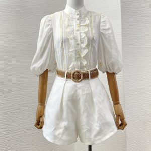 Zimmermann High Quality white short sleeve lace patchwork ruffles embroidery flowers blouse tops and shorts set 100% Ramie tops 100%Linen shorts FZ373