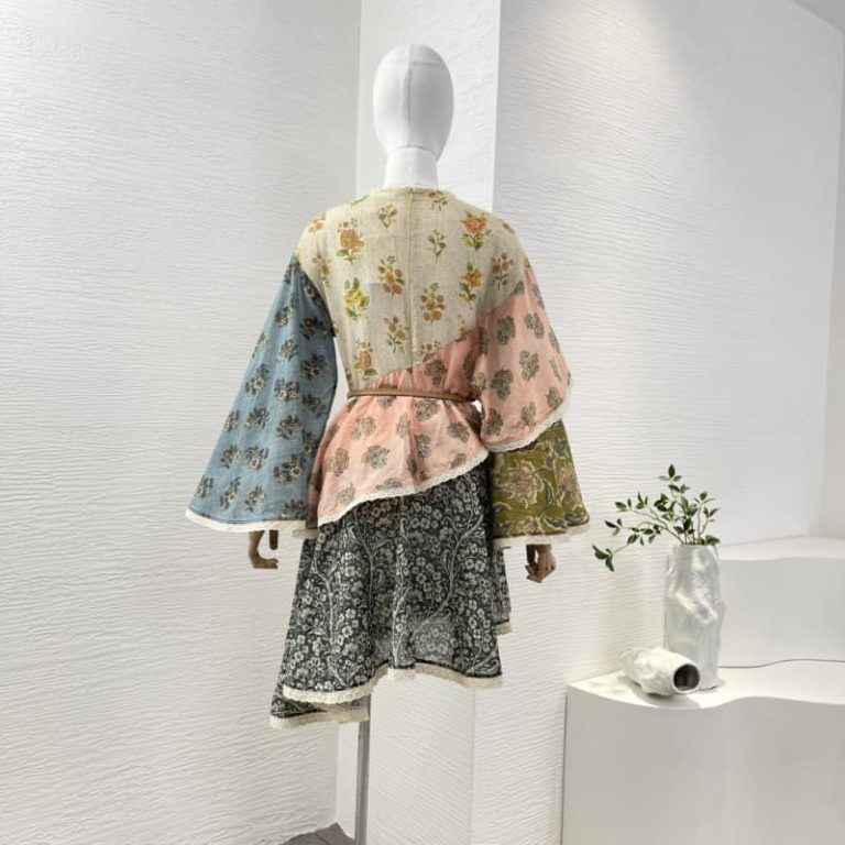 Zimmermann best quality cotton silk floral print ruffles patchwork bow Irregular hem mini dress1