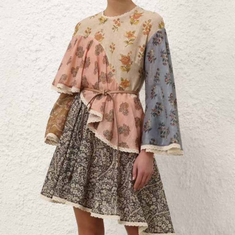 Zimmermann best quality cotton silk floral print ruffles patchwork bow Irregular hem mini dress4
