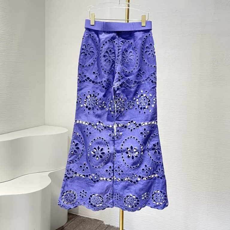 Zimmermann best quality linen violet purple yellow embroidery floral hollow out shell lace waist belt pants1