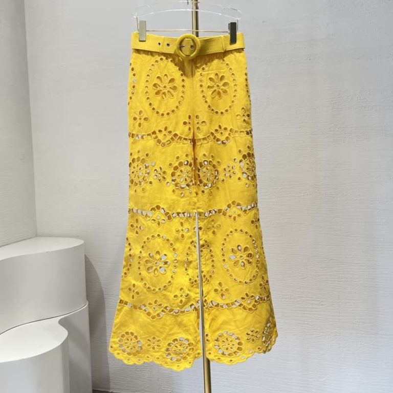 Zimmermann best quality linen violet purple yellow embroidery floral hollow out shell lace waist belt pants3