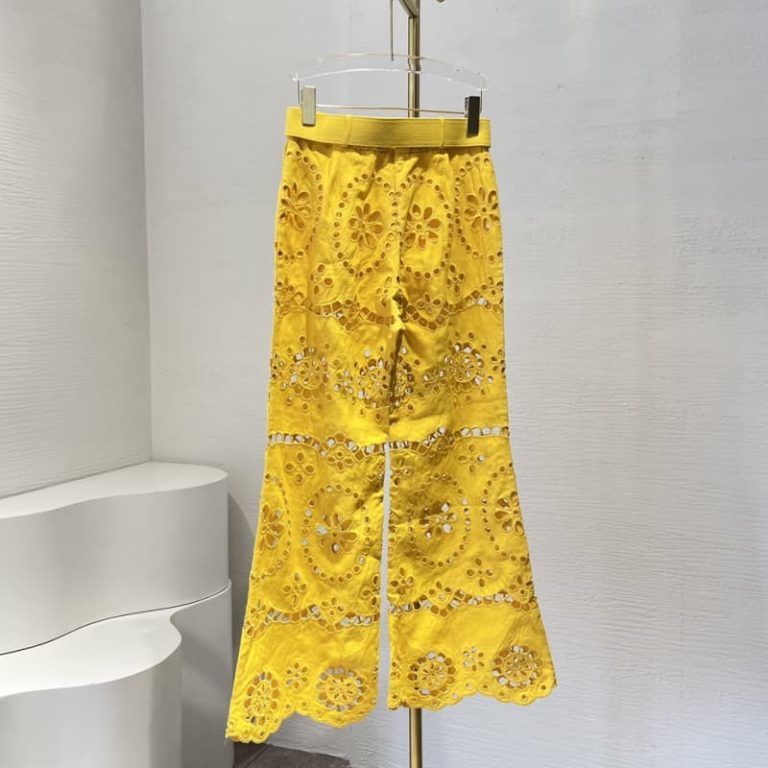 Zimmermann best quality linen violet purple yellow embroidery floral hollow out shell lace waist belt pants5