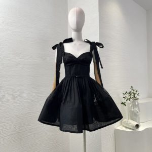 Zimmermann best quality silk linen black sleeveless bow shoulder backless mini dress FZ236