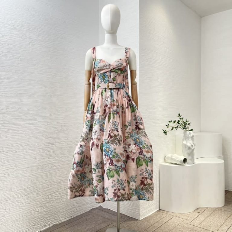 Zimmermann best quality silk linen pink floral print sleeveless folds belt midi dress